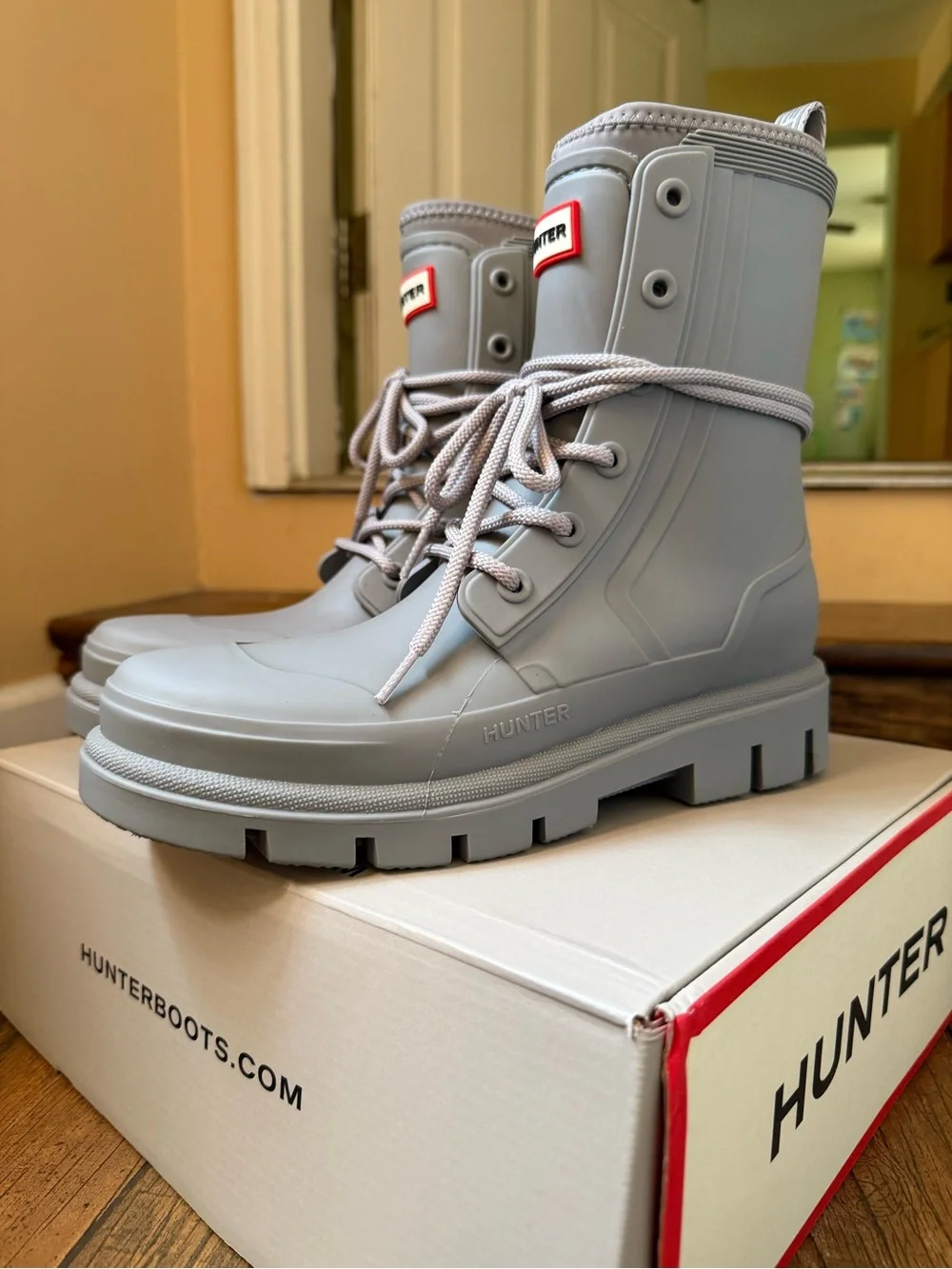 Hunter Light Grey Lace-Up Waterproof Boots with Logo Patch